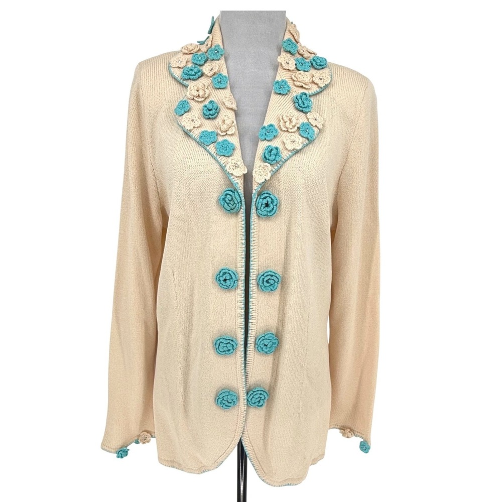 Vintage 80s Wool Blend Sweater Open Front Cardigan Size 16 Crochet Grannycore‎